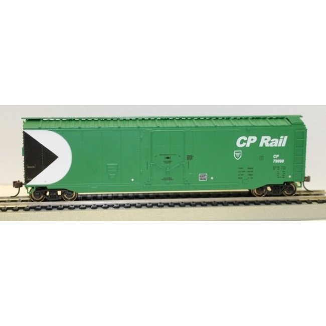 50' Plug Door - CP Rail (Newsprint) Road # CP 79998 Rolling stock features:   plastic wheelsets   body mounted E-Z Mate couplers
