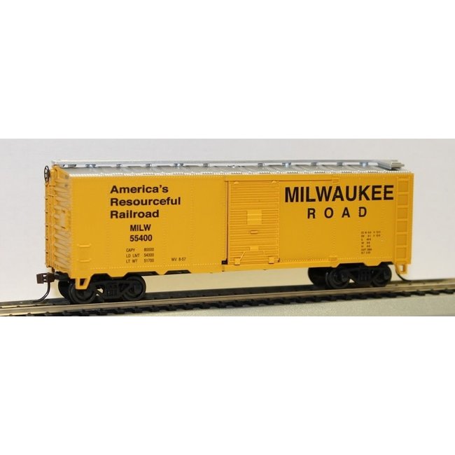 40' Box Car - Milwaukee Road (HO Scale)Rolling stock features: plastic wheels body mounted E-Z Mate couplers