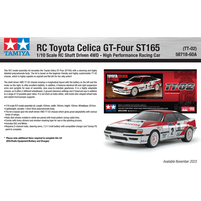 TAMIYA TOYOTA CELICA GT-FOUR  TT-02 1/10 KIT NO ESC INCLUDED REQUIRES TX, RX, ESC, BATTERY CHARGER & PAINT