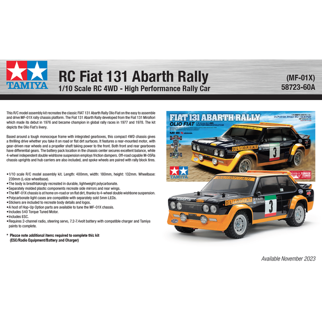 TAMIYA RC Fiat 131 Abarth Rally MF-01X ChassiS  1/10 KIT NO ESC INCLUDED REQUIRES TX, RX, ESC, BATTERY CHARGER & PAINT