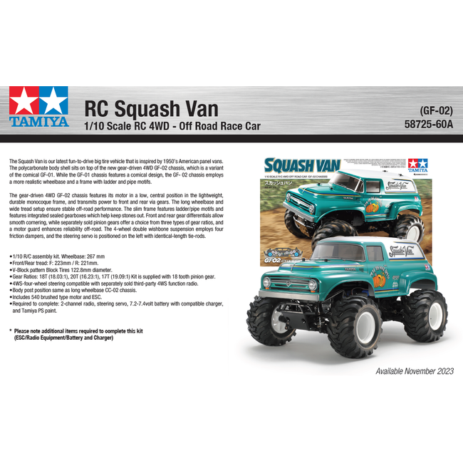TAMIYA RC Squash Van 4WD - Off Road Race Car GF-02 Chassis  1/10 KIT NO ESC INCLUDED REQUIRES TX, RX, ESC, BATTERY CHARGER & PAINT