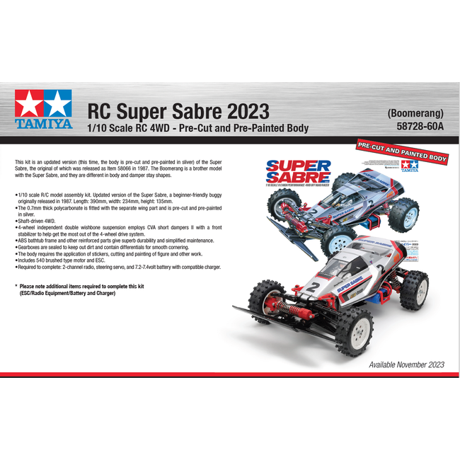 TAMIYA RC Super Sabre 2023 1/10 Scale RC 4WD - Pre-Cut and Pre-Painted Body 1/10 KIT NO ESC INCLUDED REQUIRES TX, RX, ESC, BATTERY CHARGER
