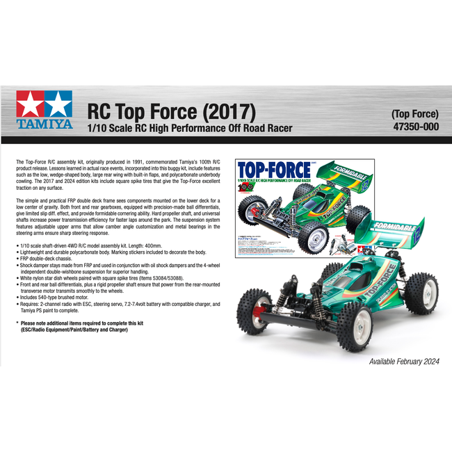 RC Top Force (2017) 1/10 KIT REQUIRES : ESC, TX, RX, Servo,Paint, Battery, Charger & Paint