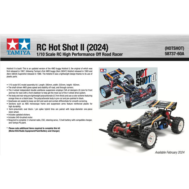 Tamiya RC HotShot II (2024) 1/10 KIT REQUIRES : ESC, TX, RX, Servo,Paint, Battery, Charger & Paint