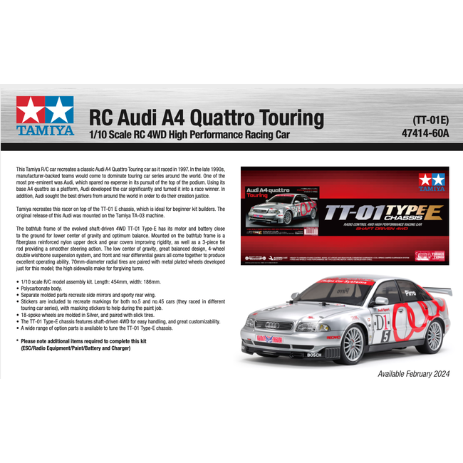 *** PRE ORDER early 2025 *** TAMIYA RC Audi A4 Quattro Touring 1/10  4WD (TT-01E) NO ESC INCLUDED REQUIRES TX, RX, ESC, BATTERY CHARGER & PAINT