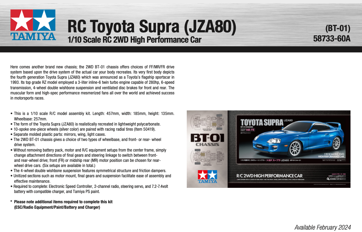 Tamiya 1:10 Toyota Supra (JZA80) BT-01 – Kit RC 2WD – 300058733 – Neuf