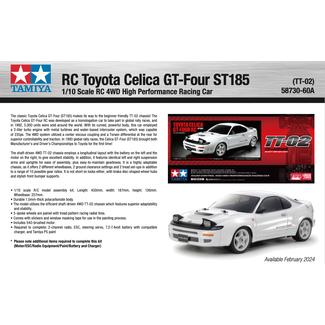 TAMIYA TAMIYA RC CELICA GT-FOUR  ST185 4WD TT-02 1/10 KIT NO ESC INCLUDED REQUIRES TX, RX, ESC, BATTERY CHARGER & PAINT