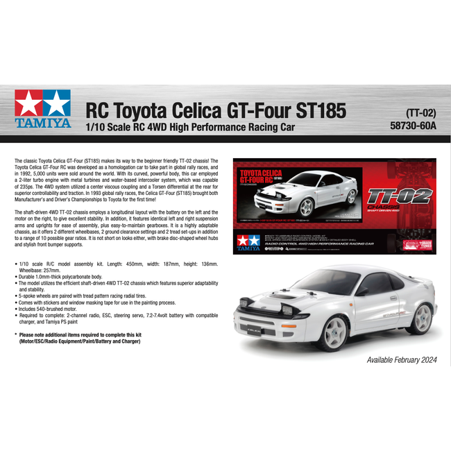 TAMIYA RC CELICA GT-FOUR  ST185 4WD TT-02 1/10 KIT NO ESC INCLUDED REQUIRES TX, RX, ESC, BATTERY CHARGER & PAINT