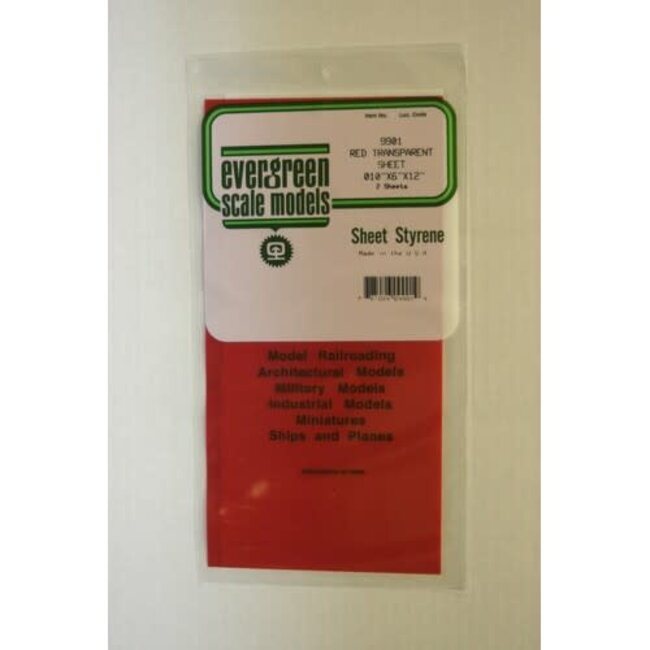 EVERGREEN 9901 15 X 30CM RED STYRENE SHEET .010 (PACK OF 5)