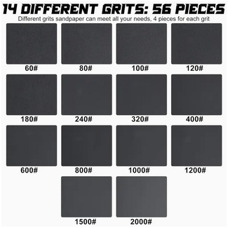 CHINA ELECTRONICS sand paper 56 pce set 4 of each : 60, 80, 100, 120, 180, 240, 320, 400, 600, 800, 1000, 1200, 1500, 2000 grit