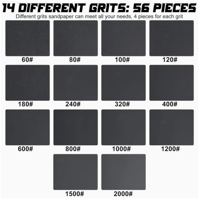 sand paper 56 pce set 4 of each : 60, 80, 100, 120, 180, 240, 320, 400, 600, 800, 1000, 1200, 1500, 2000 grit