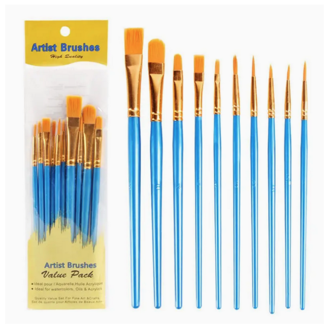 PAINT BRUSH SET Budget 10pc flat 5/8, 4, 6, 8 point 2/0,1, 2, 2, 3 , 5