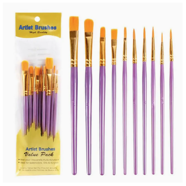 PAINT BRUSH SET Budget 10pc flat 5/8, 4, 6, 8 point 2/0,1, 2, 2, 3 , 5