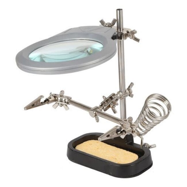 HT  HELPING HANDS WITH SOLDERING STAND, LED, AND 90mm 2X  MAGNIFIER  NO 4025