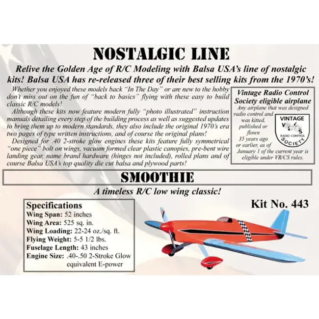 BALSA USA SMOOTHIE KIT, SPAN: 52" 2S: .45-.50 4S .52-.65 LASER CUT