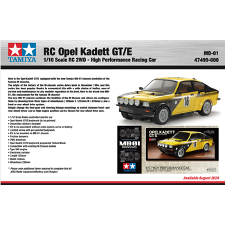 TAMIYA TAMIYA RC OPEL KADETT GT/E MB-01 1/10 KIT NO ESC INCLUDED REQUIRES TX, RX, ESC, BATTERY CHARGER & PAINT.