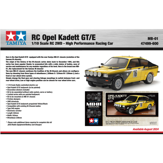 TAMIYA RC OPEL KADETT GT/E MB-01 1/10 KIT NO ESC INCLUDED REQUIRES TX, RX, ESC, BATTERY CHARGER & PAINT.