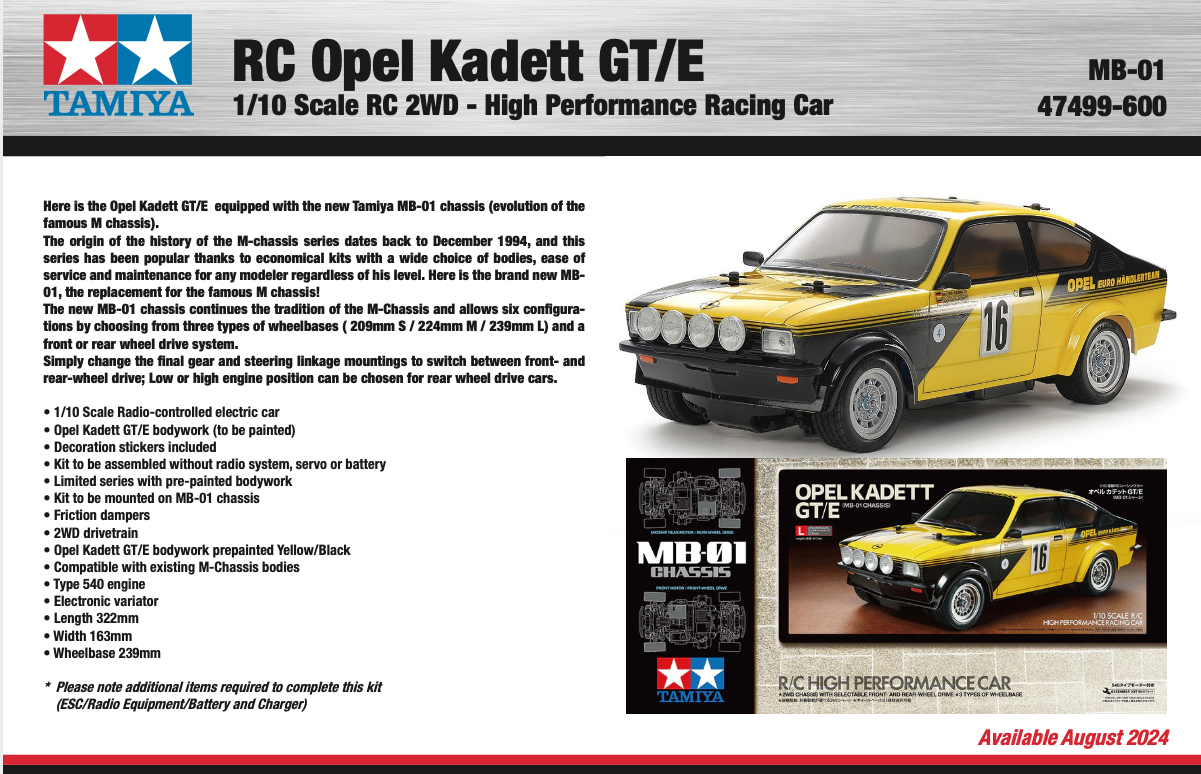 1:10 Tamiya 58729 RC Auto Opel Kadett GT/E - MB-01 Chassis RC Plastic Modelbouwpakket