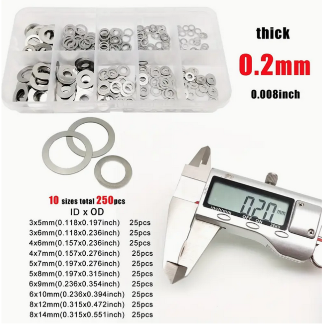 ACE  STAINLESS STEEL 0.2mm  SHIM SET 25pce each : 3x5 3x6 4x6 4x7 5x7 5x8 6x9 6x10 8x12 8x14