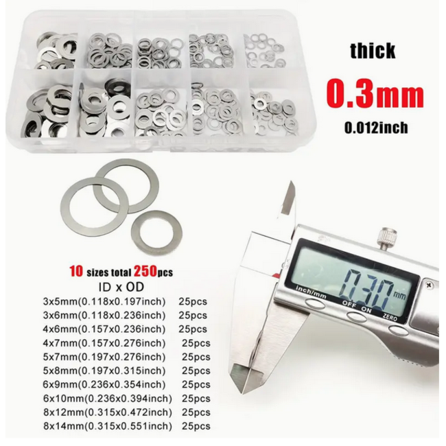 ACE  STAINLESS STEEL 0.3mm  SHIM SET 25pce each : 3x5 3x6 4x6 4x7 5x7 5x8 6x9 6x10 8x12 8x14