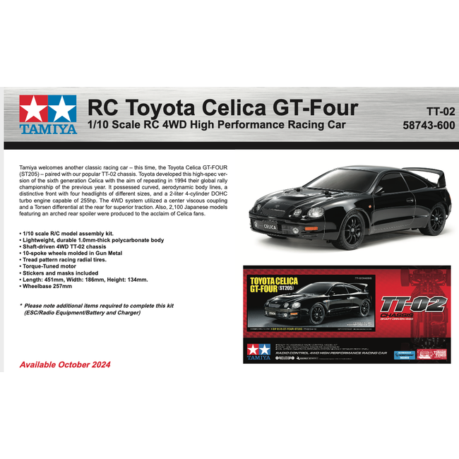TAMIYA TOYOTA CELICA GT-FOUR ST205  TT-02 1/10 KIT WITH ESC INCLUDED REQUIRES TX, RX, ESC, BATTERY CHARGER & PAINT