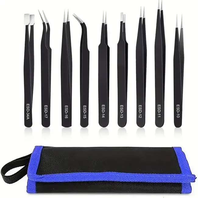 ACE 9 PCE Precision Tweezers Set, Upgraded Anti-Static Stainless Steel with case