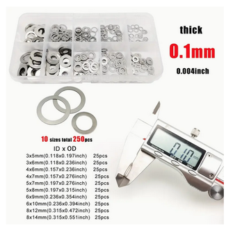 3 RACING ACE  STAINLESS STEEL 0.1mm  SHIM SET 25pce each : 3x5 3x6 4x6 4x7 5x7 5x8 6x9 6x10 8x12 8x14