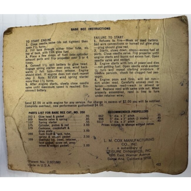 COX VINTAGE BABE BEE .049 ORIGINAL BUBBLE PACKAGE  # 1 SEE PHOTOS