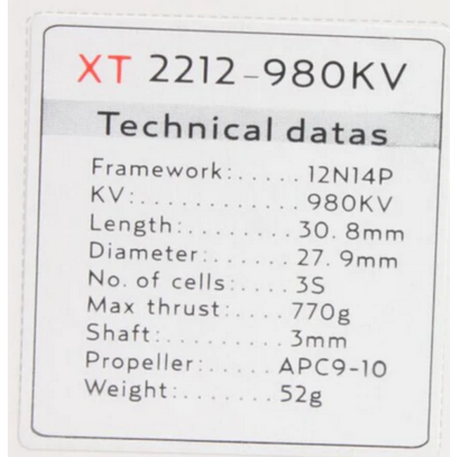 EMAX XT2212-980KV BRUSHLESS MOTOR 3 CELLS