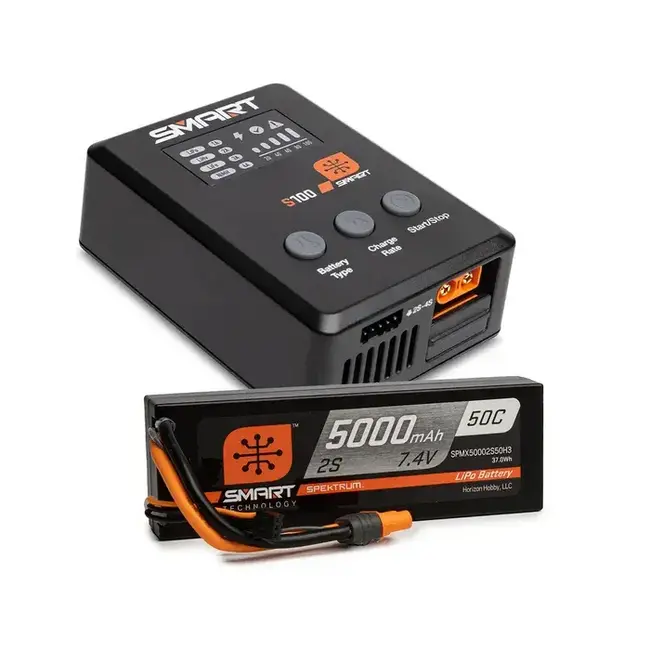 Spektrum Smart 5000mAh 2S 50C IC3 LiPo Battery Powerstage Bundle with S100 Charger