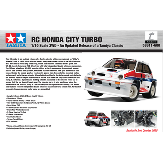TAMIYA *** PRE ORDER 2nd delivery 4th QTR 2025 *** TAMIYA HONDA CITY TURBO (WR-02C)  1/10 KIT ESC INCLUDED REQUIRES TX, RX, BATTERY CHARGER & PAINT