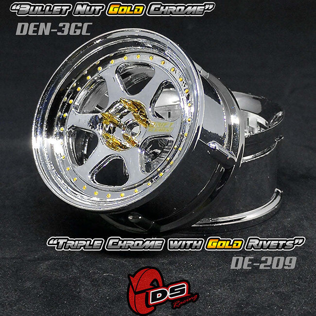 DS RACING DE 6 Spoke Wheel Set - Triple Chrome w/ Gold Rivets