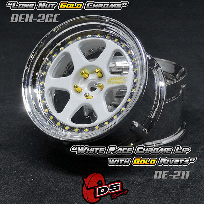 DS RACING DE 6 Spoke Wheel Set - White/Chrome w/ Gold Rivets