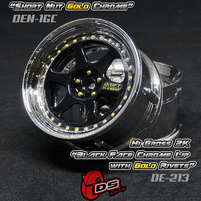 DS RACING DE 6 Spoke Wheel Set - Hi Gloss 2K Black/Chrome w/ Gold Rivets