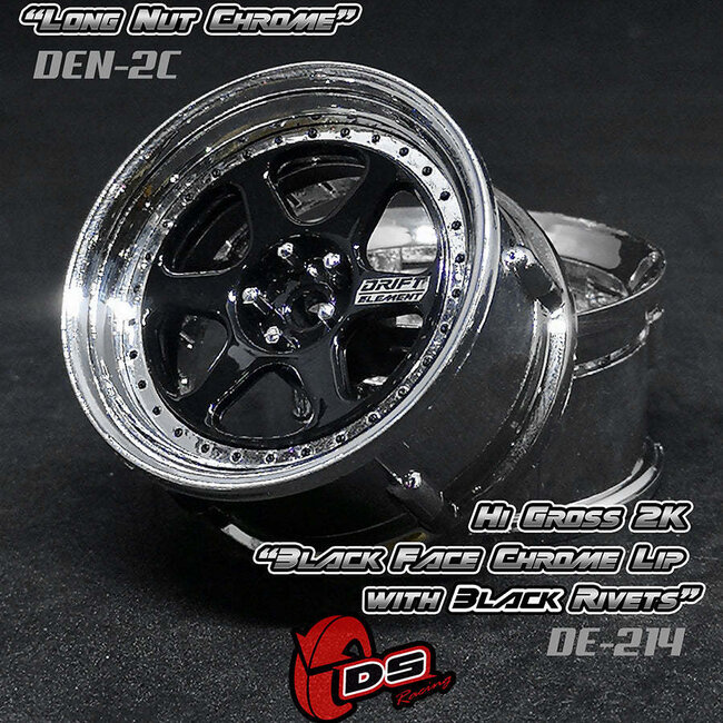 DS RACING DE 6 Spoke Wheel Set - Hi Gloss 2K Black/Chrome w/ Black Rivets