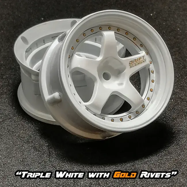 DS RACING DE 5 Spoke Wheel Set - Triple White w/ Gold Rivets