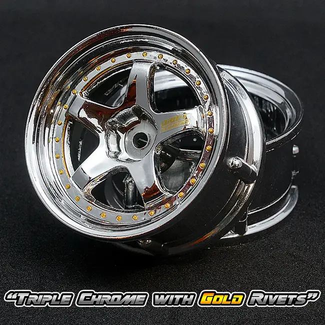 DS RACING  DE 5 Spoke Wheel Set - Triple Chrome w/ Gold Rivets