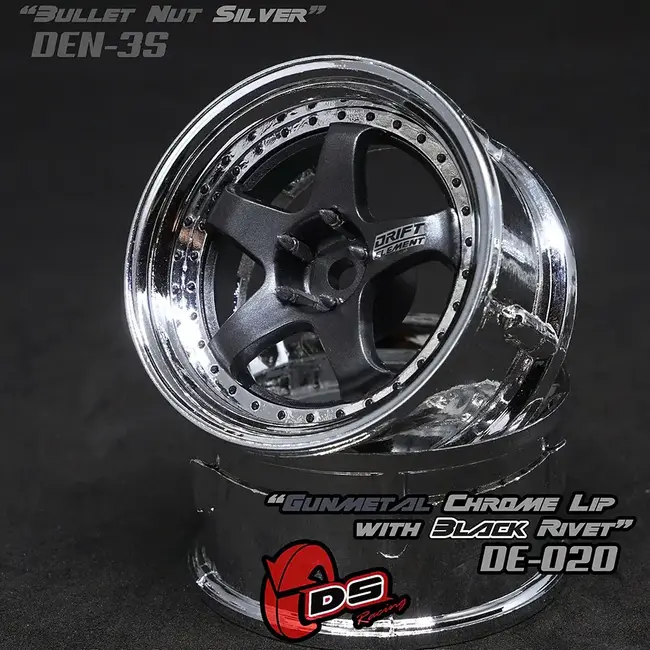 DS RACING  DE 5 Spoke Wheel Set - Gunmetal/Chrome w/ Black Rivets