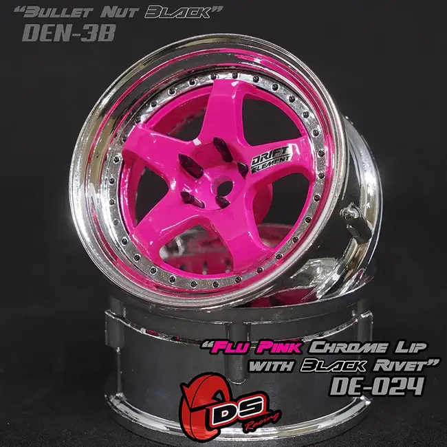 DS RACING  DE 5 Spoke Wheel Set - Flu Pink/Chrome Lip w/ Black Rivets