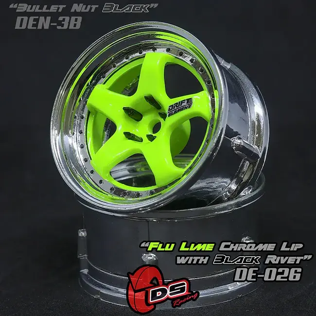 DS RACING  DE 5 Spoke Wheel Set - Flu Lime/Chrome Lip w/ Black Rivets