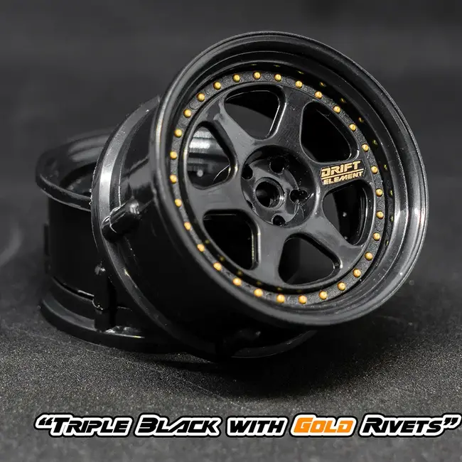 DS RACING  DE 6 Spoke Wheel Set - Triple Black w/ Gold Rivets