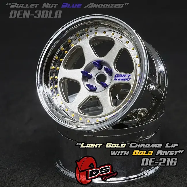 DS RACING  DE 6 Spoke Wheel Set - Light Gold/Chrome w/ Gold Rivets