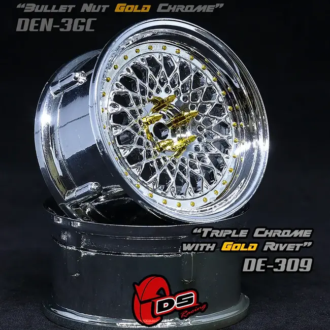 DS RACING  DE Mesh Wheel Set - Triple Chrome w/ Gold Rivets