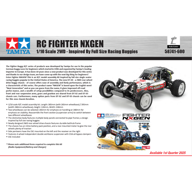 TAMIYA RC FIGHTER NXGEN - Inspired By Full Size Racing Bugg 1/10 Scale 2WD KIT  ESC INCLUDED REQUIRES TX, RX, ESC, BATTERY CHARGER & PAINT.