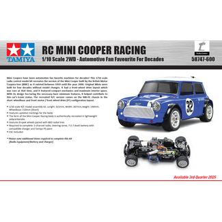 TAMIYA PRE ORDER DUE 3rd QTR 2025 *** TAMIYA MINI COOPER RACING (MB-01)  Chassis 1/10 KIT NO ESC INCLUDED REQUIRES TX, RX, ESC, BATTERY CHARGER & PAINT