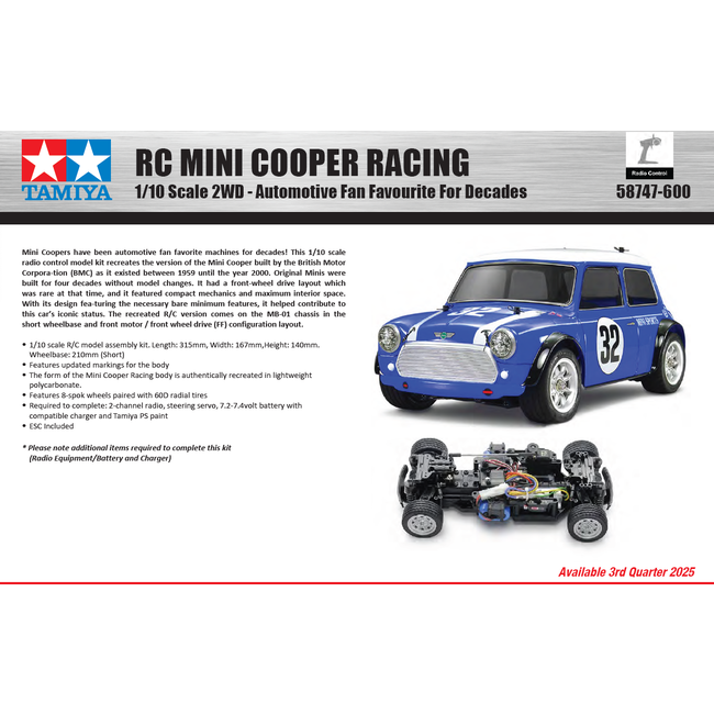 PRE ORDER DUE 3rd QTR 2025 *** TAMIYA MINI COOPER RACING (MB-01)  Chassis 1/10 KIT NO ESC INCLUDED REQUIRES TX, RX, ESC, BATTERY CHARGER & PAINT