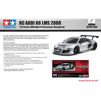 TAMIYA TAMIYA R/C  AUDI R8 LMS 2008 RACING Shaft Driven 4WD TT-02 Chassis 1/10 KIT  ESC INCLUDED REQUIRES TX, RX, ESC, BATTERY CHARGER & PAINT