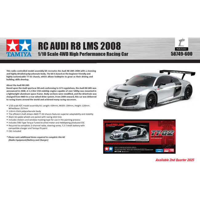 TAMIYA R/C  AUDI R8 LMS 2008 RACING Shaft Driven 4WD TT-02 Chassis 1/10 KIT  ESC INCLUDED REQUIRES TX, RX, ESC, BATTERY CHARGER & PAINT