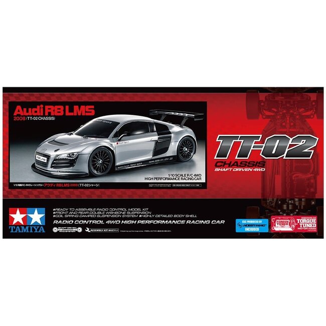 TAMIYA R/C  AUDI R8 LMS 2008 RACING Shaft Driven 4WD TT-02 Chassis 1/10 KIT  ESC INCLUDED REQUIRES TX, RX, ESC, BATTERY CHARGER & PAINT