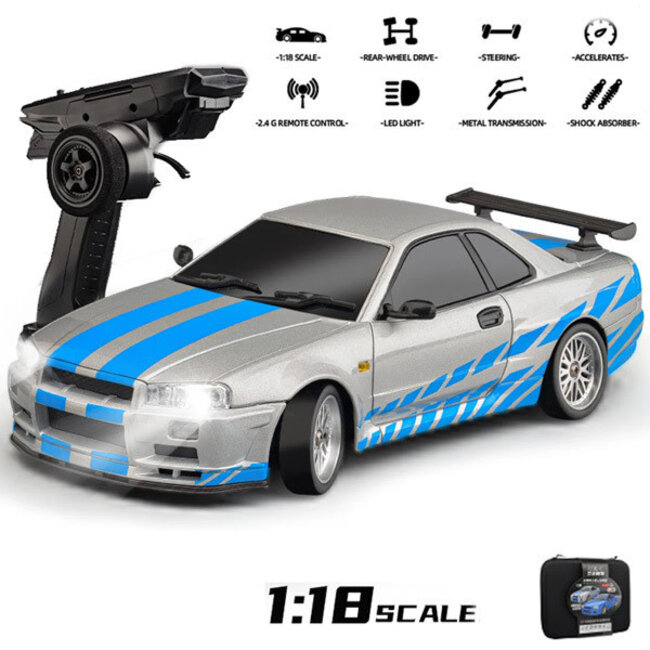 LDRC NISSAN R34  Drift Car RTR With Gyro 1/18th SILVER/BLUE WITH METAL BODY